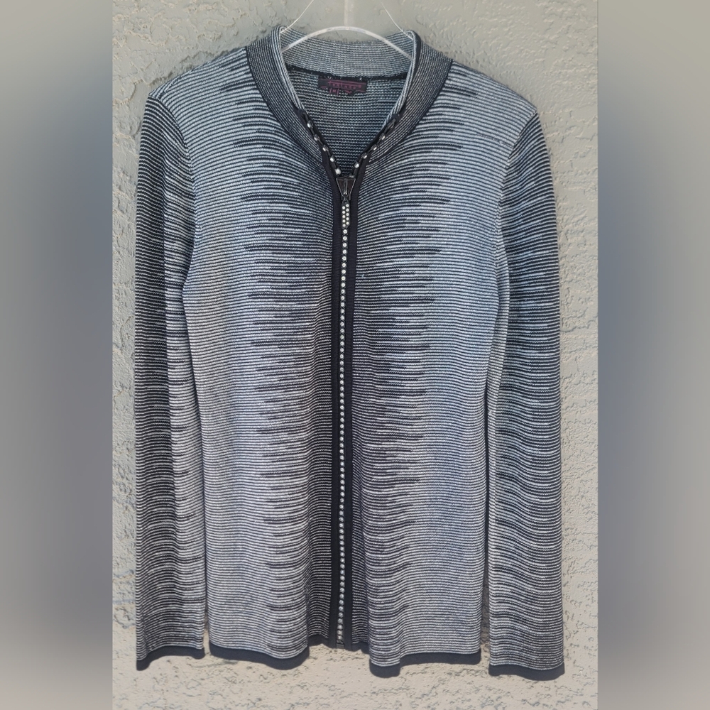 Y2K Fontana Medium Sweater Black Silver Lurex Rhinestone Zip Glam Rock cardigan
